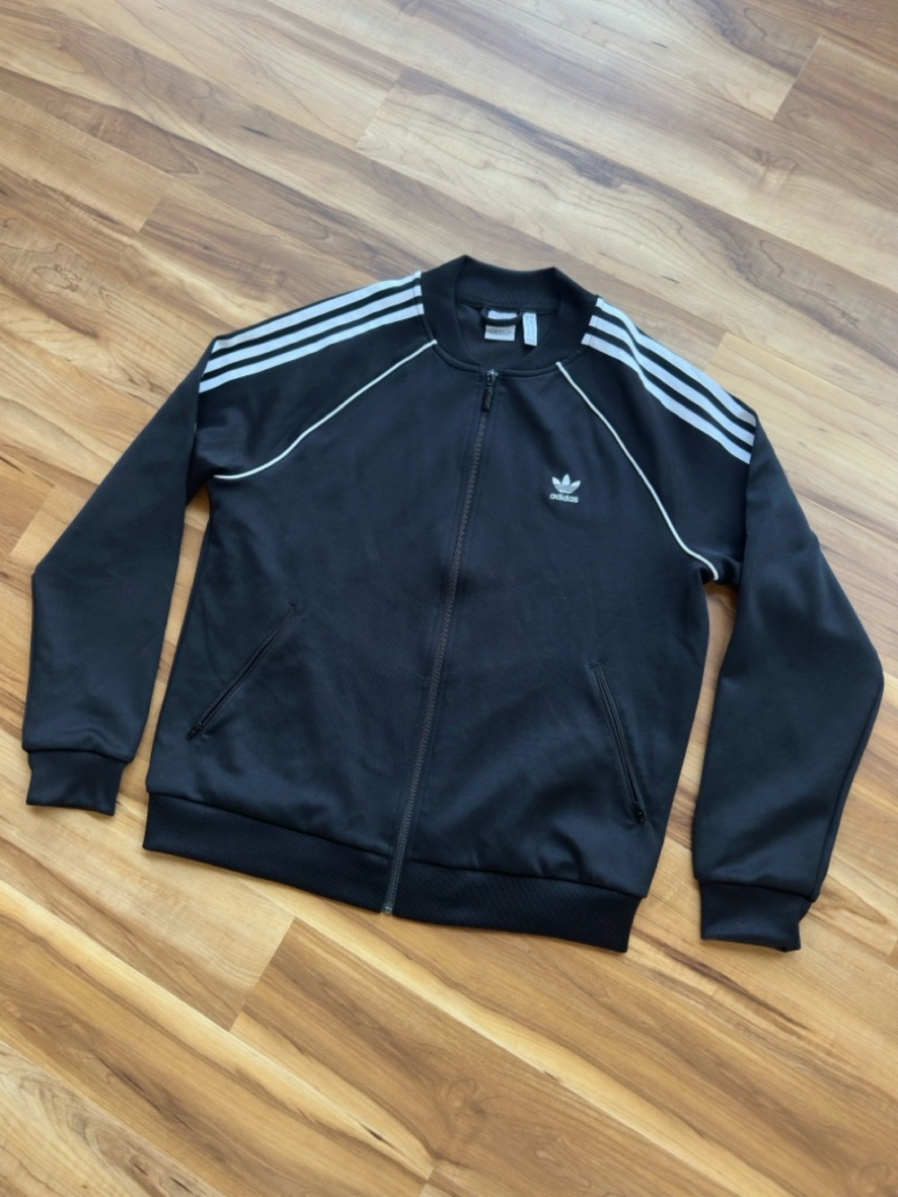 NWOT Adidas Black Trefoil Track Bomber Jacket with White Stripes